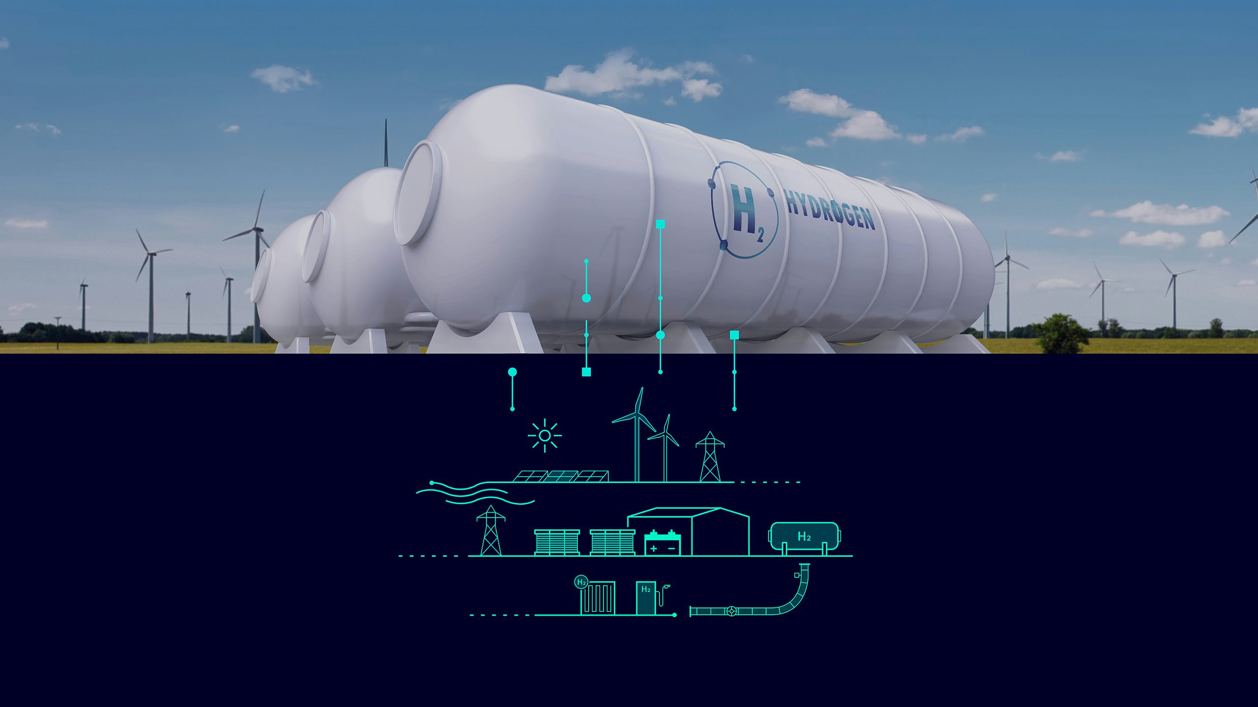 A digital twin visualization of a hydrogen molecule with a futuristic and technological aesthetic.