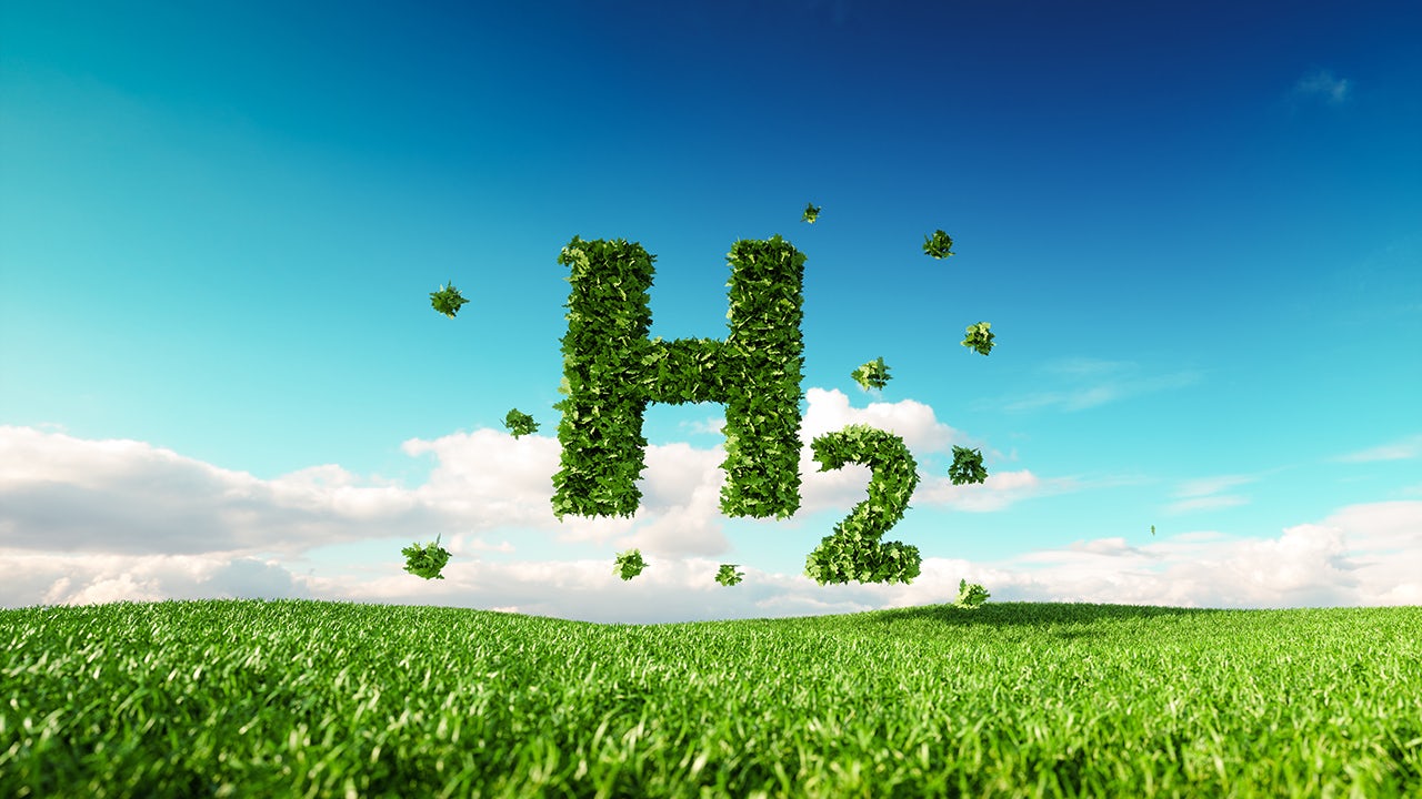 A field of hydrogen molecules with a blue sky in the background.