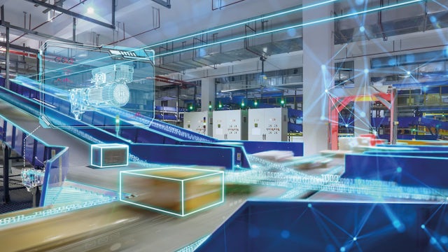 A futuristic factory floor with conveyor belts and machinery is overlaid with glowing blue digital lines and network nodes, suggesting smart automation and data flow, with outlined boxes and a holographic mechanical component highlighting digital twin technology.