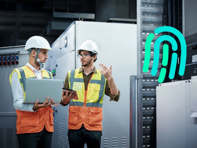Two men talking to each other, with a green fingerprint icon in the background.