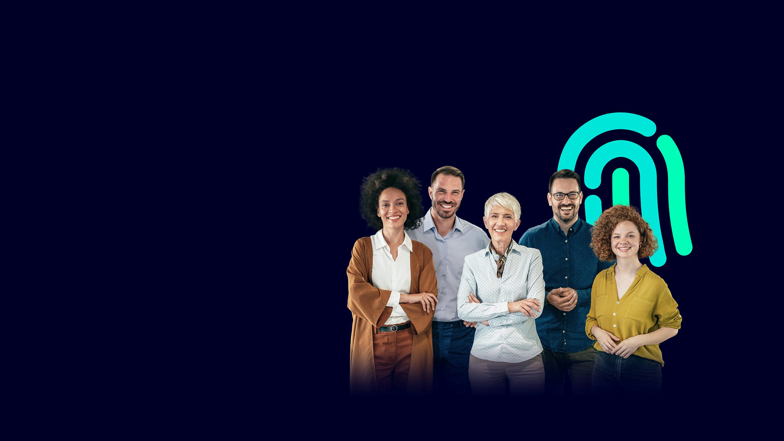 A multicultural, multigenerational group of smiling professionals stands against a blue background and illustrated fingerprint.