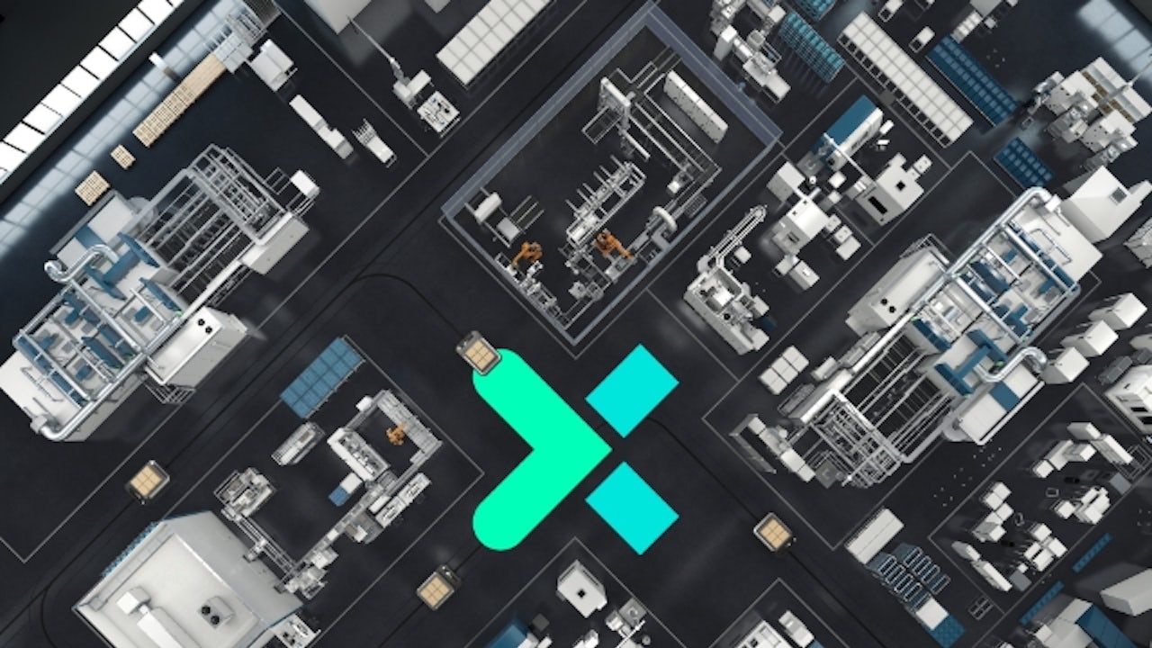 Siemens Xcelerator image overlaid on a factory floor - representing Industrial Operations X.