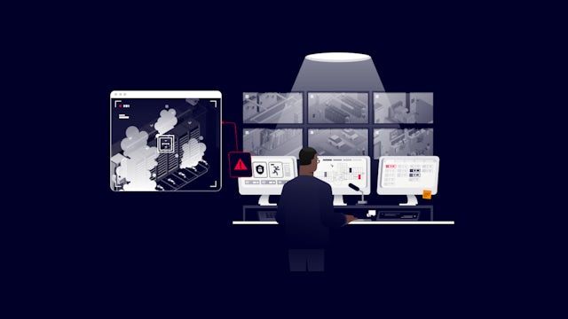 Data Center specific icon for fire safety and security including a security person in front of monitors.