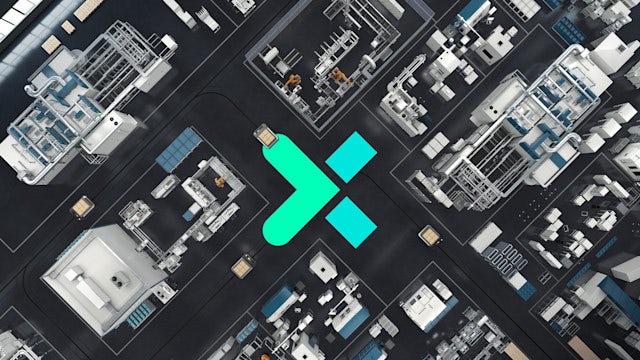 An aerial view of a shop floor layout with a green and blue 'X' logo in the middle.