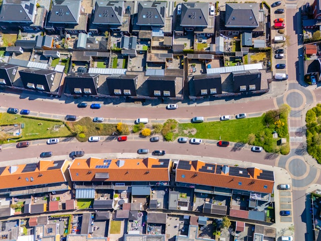 A bird's-eye view of a neighborhood.
