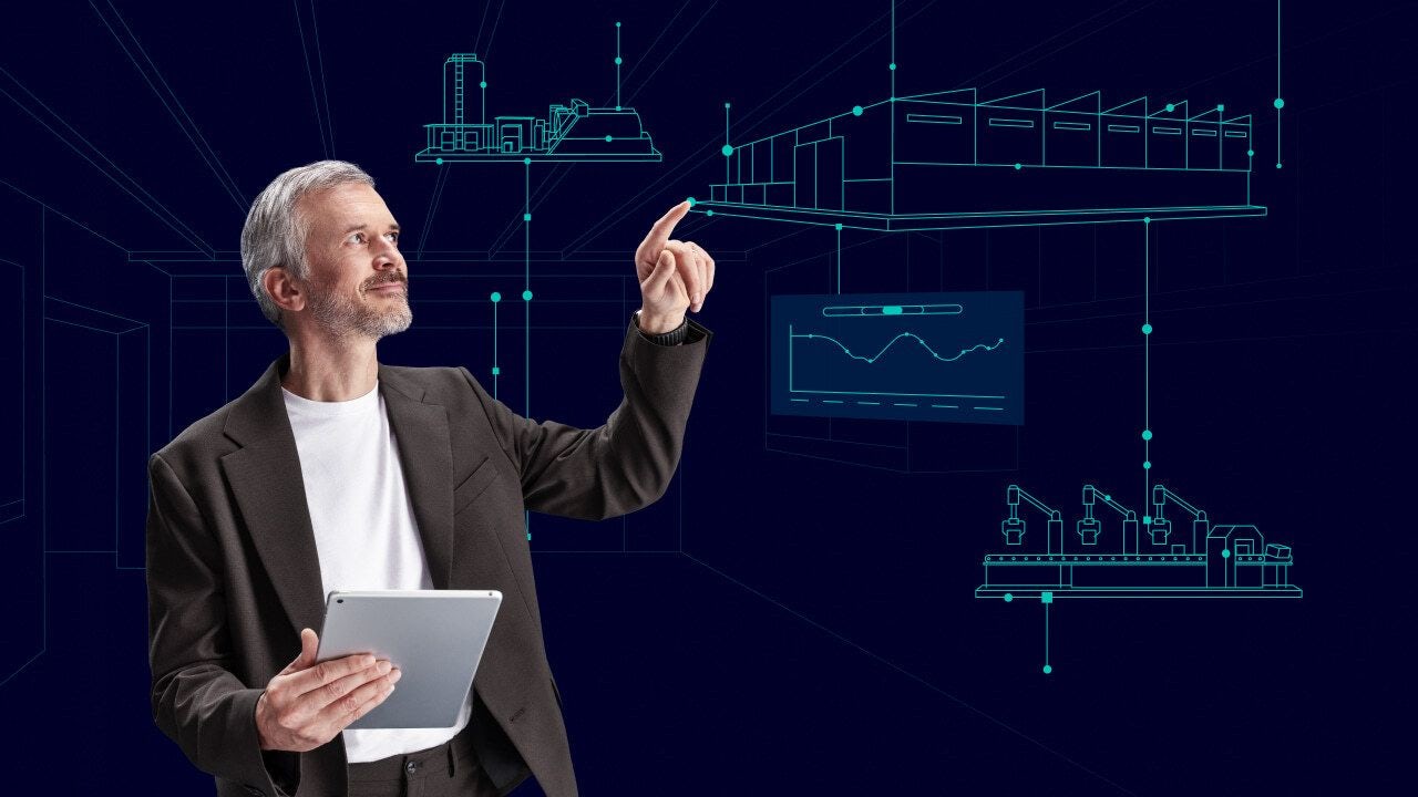 A Siemens product image featuring a person in a blue shirt and a white background. 