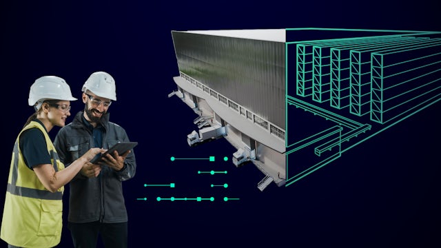 Two smiling factory workers in hard hats and safety glasses look at a tablet, with a composite background showing a real-world building exterior on the left and a green wireframe of its interior warehouse shelves and conveyors on the right, connected by glowing digital lines.