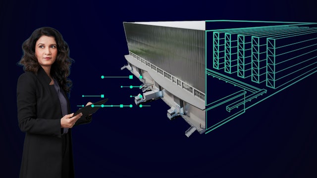 A woman holding a tablet stands beside a composite image of a modern building, with its interior shown as a green wireframe of shelves and conveyors, highlighting digital planning for logistics.
