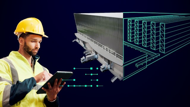 A worker in a yellow hard hat and safety vest uses a tablet, with a digital twin overlay of a warehouse appearing in the background. The overlay shows glowing blue lines and network nodes, highlighting smart automation and data flow within the facility.