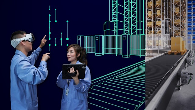 Two factory workers interact with a digital overlay of a warehouse, one wearing a VR headset and pointing, while the other holds a tablet, with a real-world conveyor belt and warehouse shelves visible on the right.