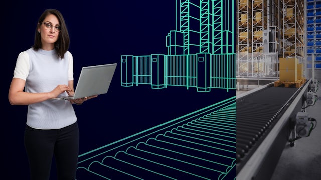 A woman with glasses holds a laptop, standing before a split image showing a digital wireframe of a warehouse on the left and a real-world warehouse conveyor belt with boxes on the right, illustrating the integration of digital planning and physical logistics.