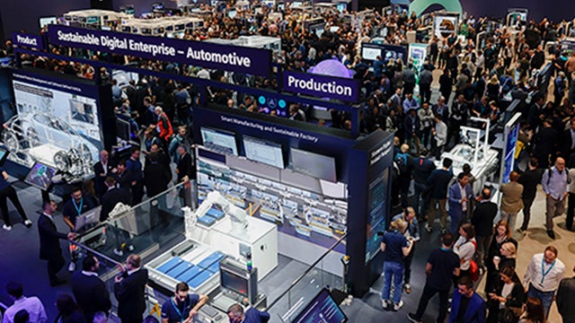 Futuristic warehouse automation graphic with robotic systems and high-tech logistics technology display