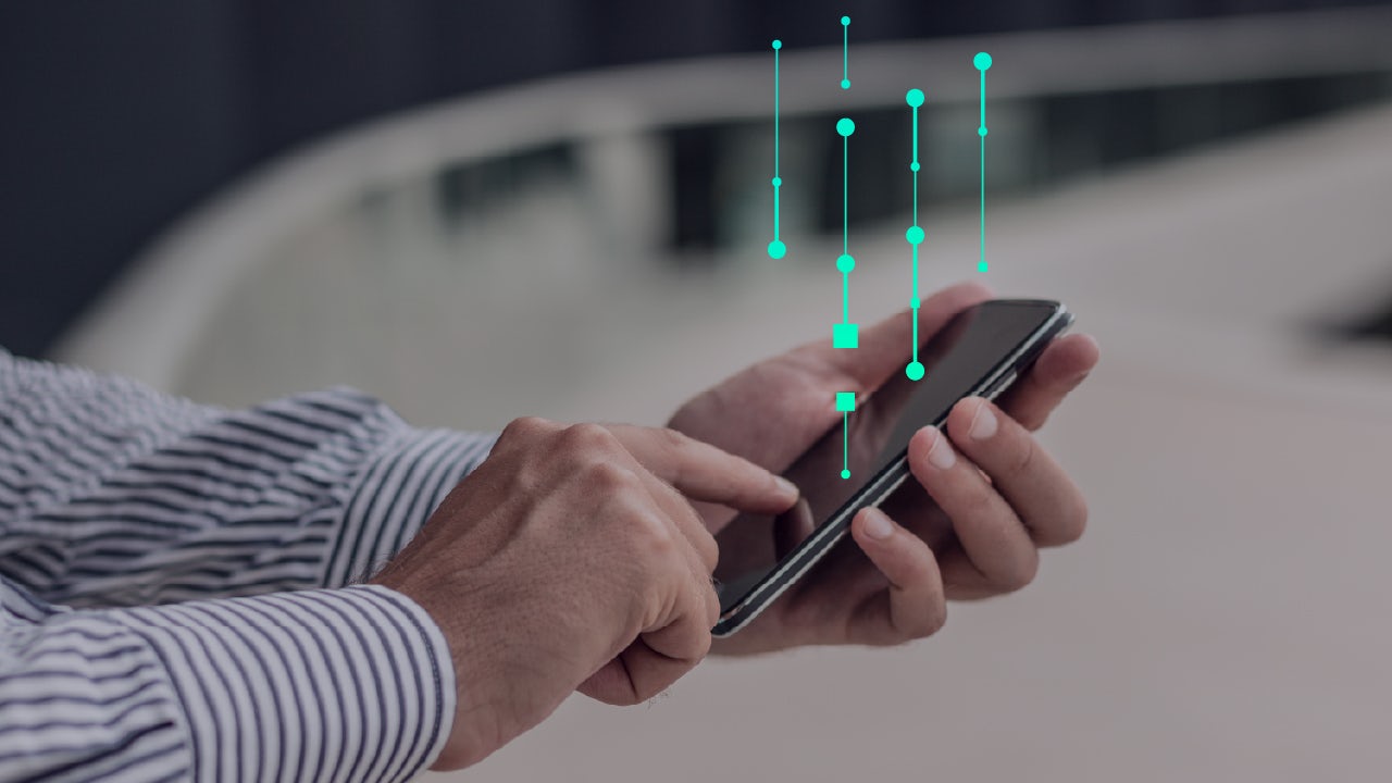 A person's hands holding and interacting with a smartphone, overlaid with digital teal lines and dots suggesting data or connectivity.