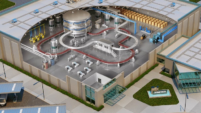 Aerial view of a 3D model depicting a manufacturing facility with buildings and equipment.