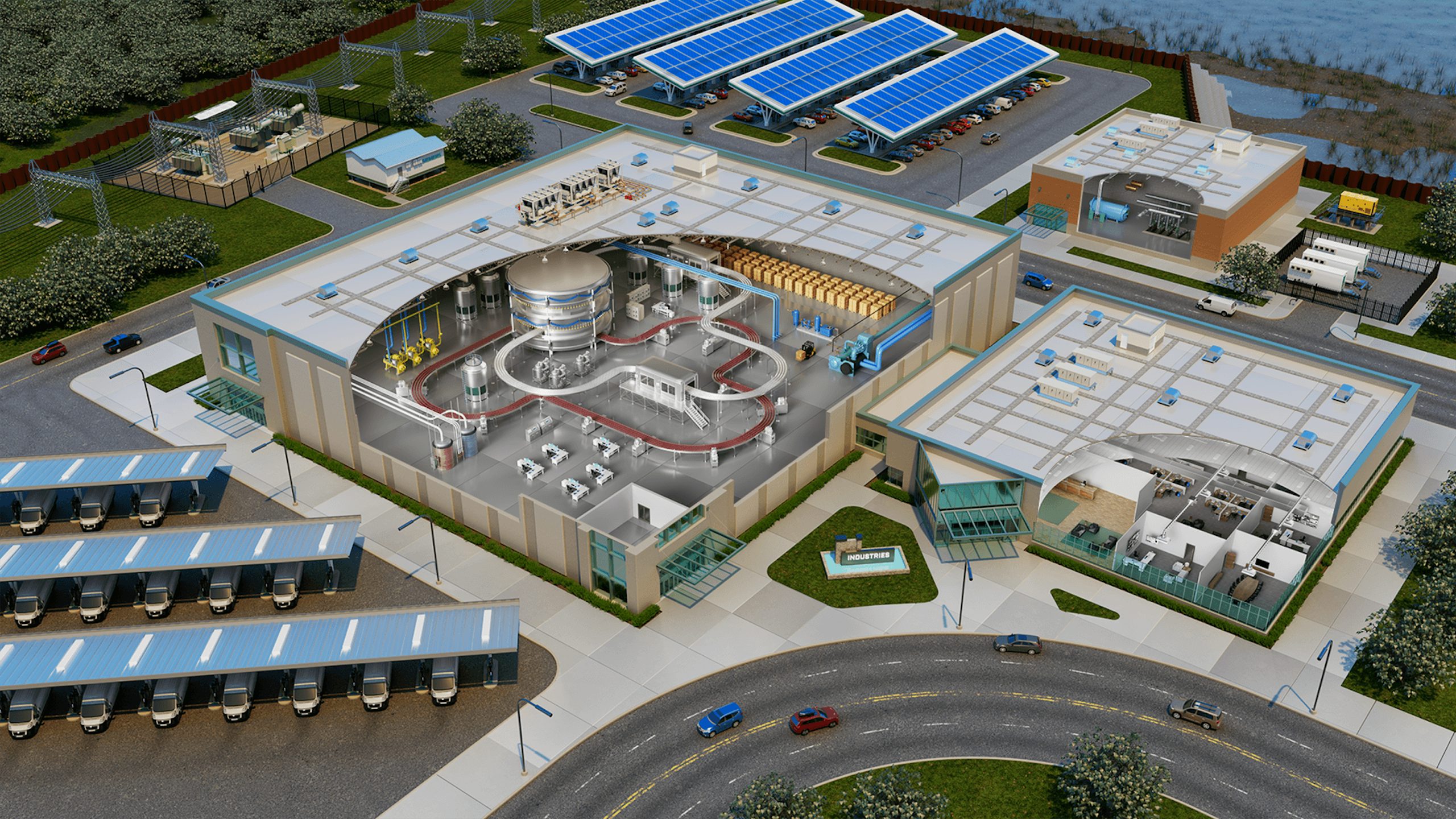 A diagram showing a bird's eye view of a manufacturing facility with various machines and equipment. 