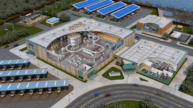 A diagram showing a bird's eye view of a manufacturing facility with various machines and equipment. 