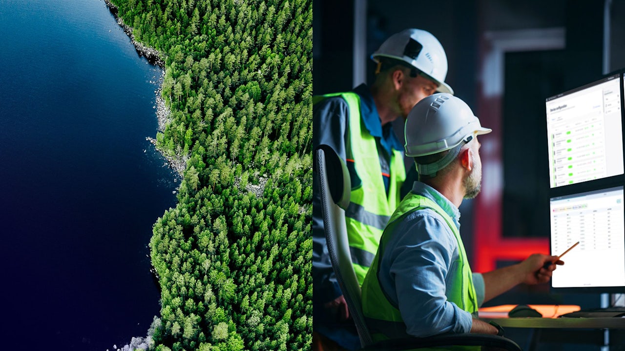 Aerial view of a forested shoreline alongside professionals monitoring digital dashboards in an industrial control room.