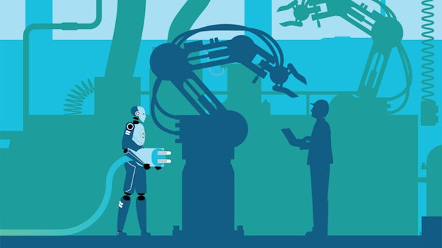 An illustration depicting a futuristic factory with robots and automated machinery working together.