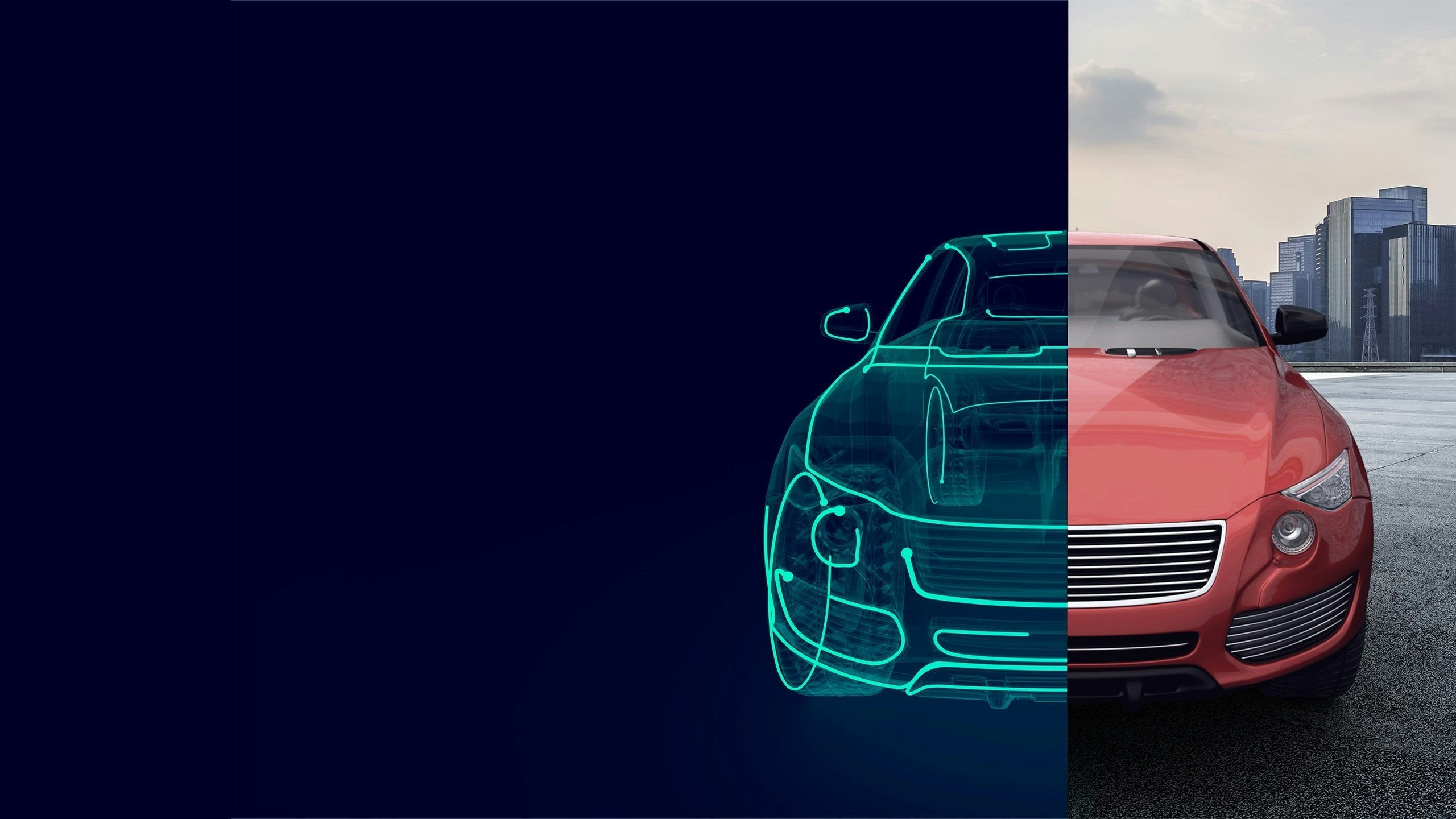 A digital twin of a car is displayed on a screen with a virtual environment around it.