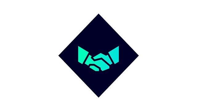 Two hands in a handshake, one blue and one orange, stylized illustration