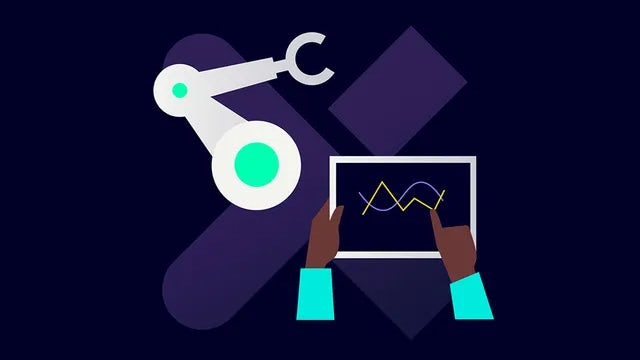 Composite illustration with an X in the background with an overlay of a machine arm and hands holding a tablet.