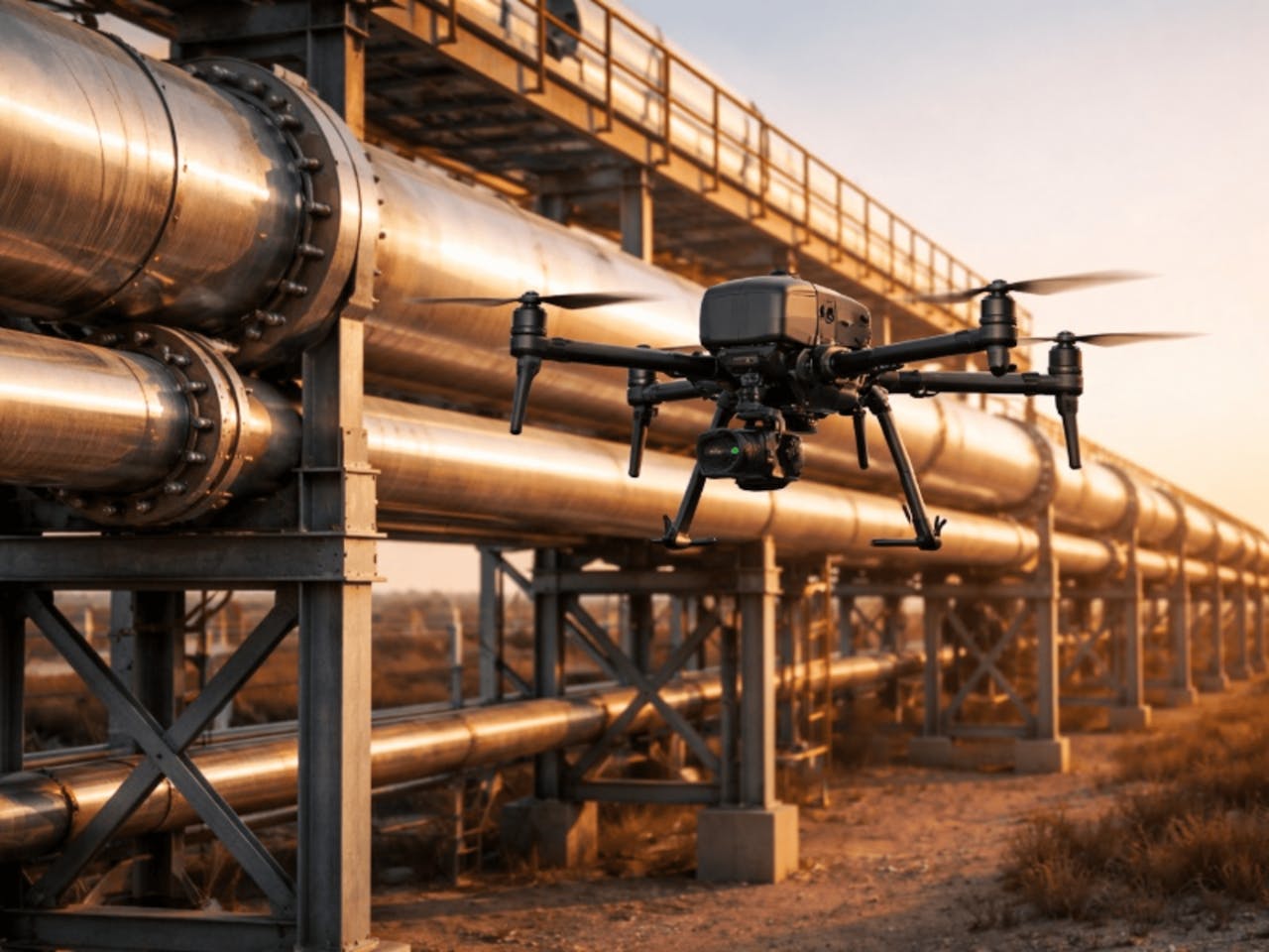 Drone inspecting industrial pipelines