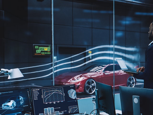 Automotive product lifecycle management Engineering Research Agency Perform Aerodynamic Testing with a Modern Eco-Friendly Electric Sports Car in a Wind Tunnel. Professional Scientist Works on a Laptop Computer and Changes Testing Options.