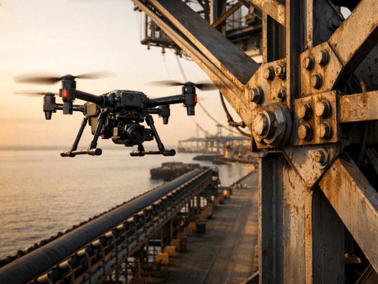 Drone flying near industrial structure by water