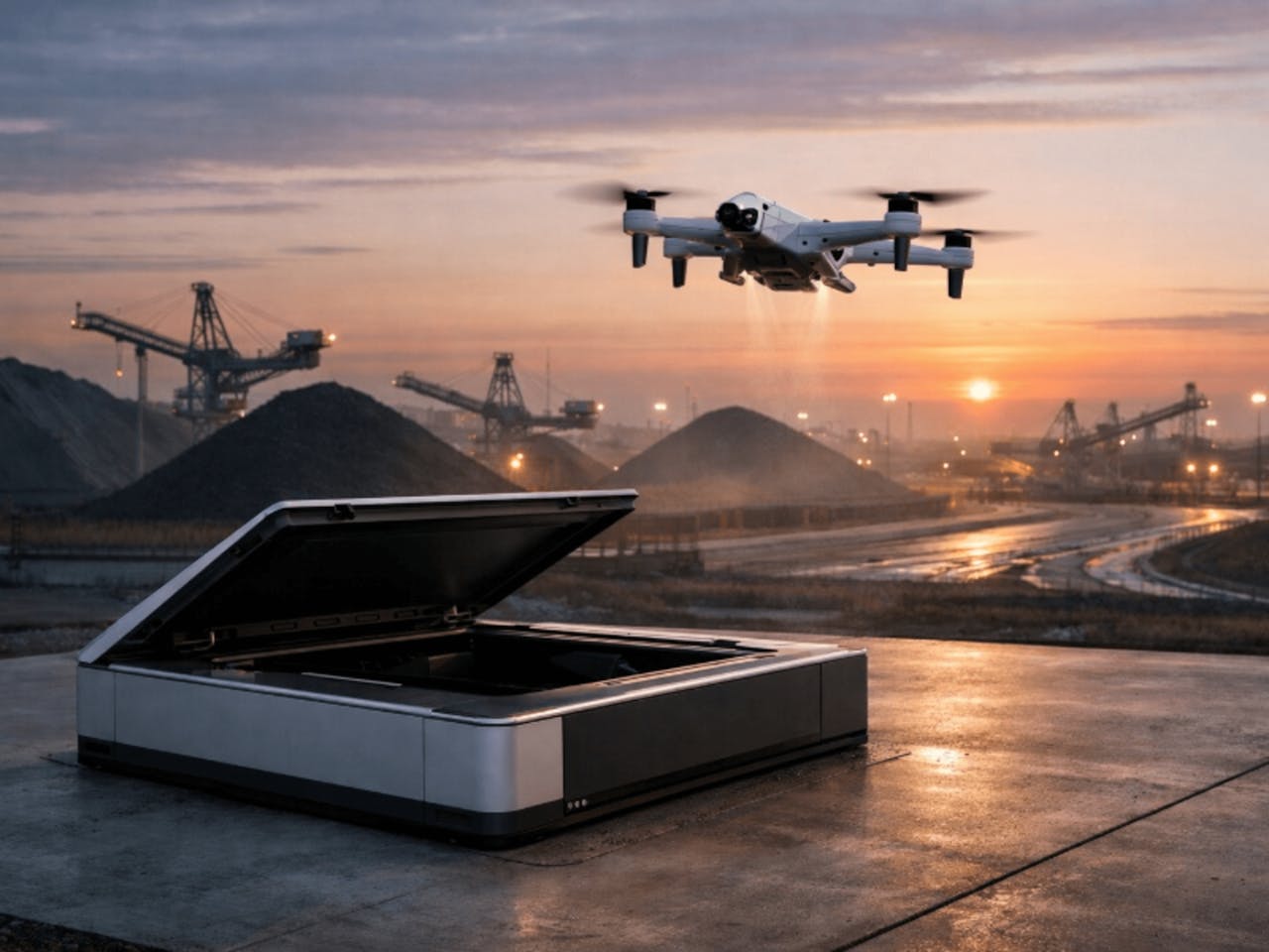 Drone flying over industrial site at sunset