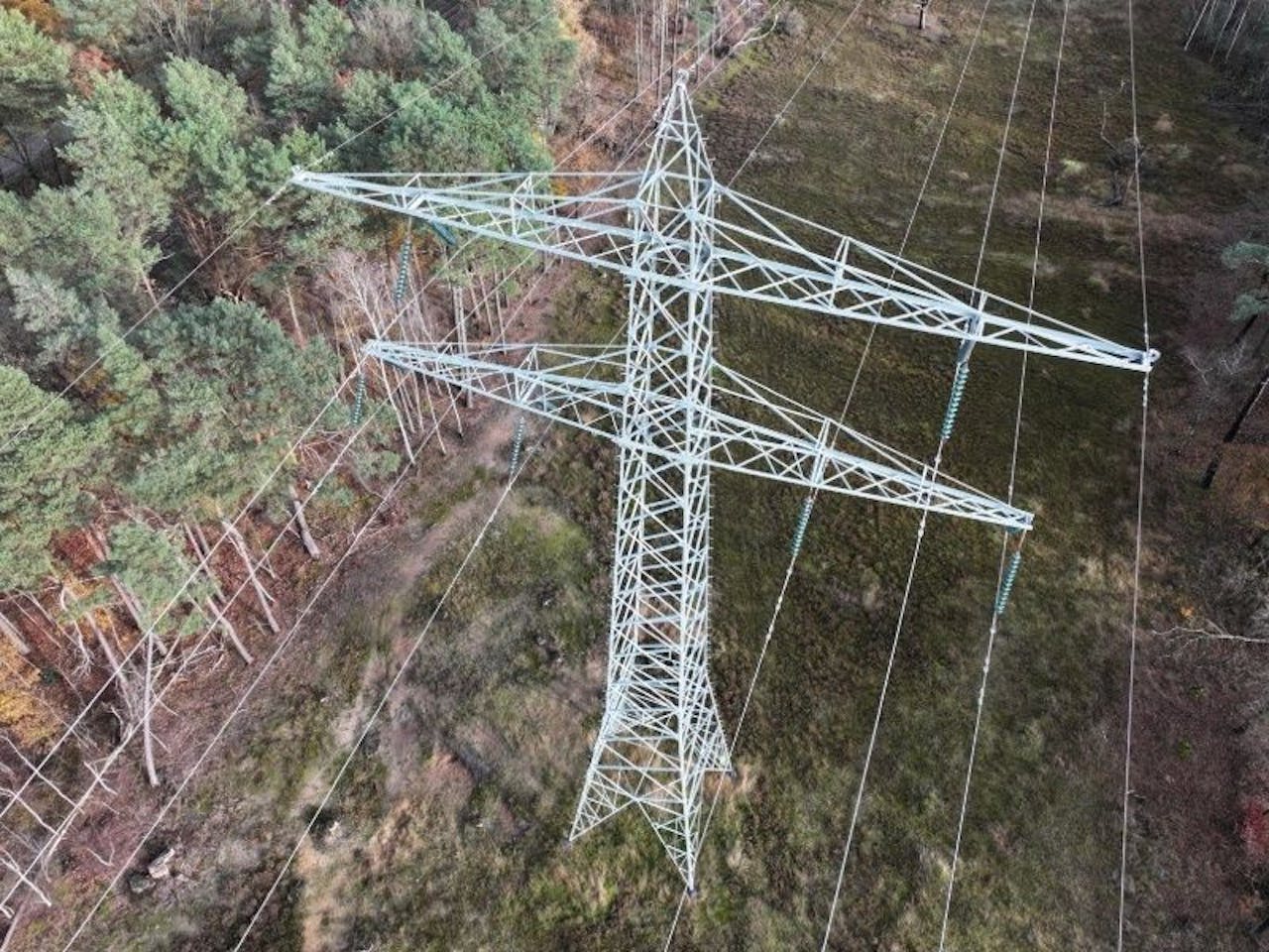 Aerial view of power line tower in forest