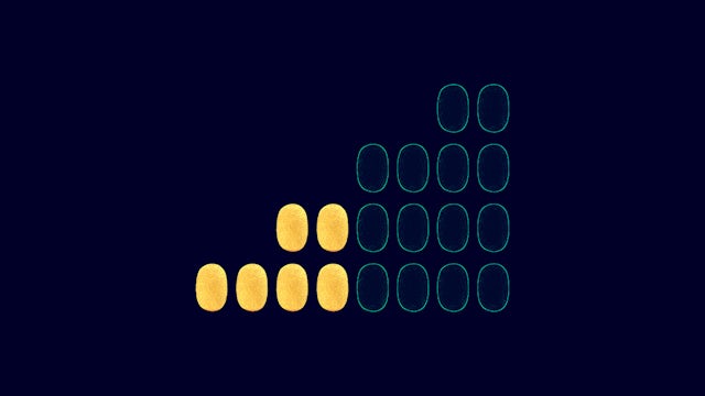Abstract illustration on a dark blue background showing several yellow oval shapes representing Pringles chips arranged in a step-like pattern next to outlined teal ovals.
