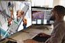 Industrial robot arm in a manufacturing setting with digital overlay graphics