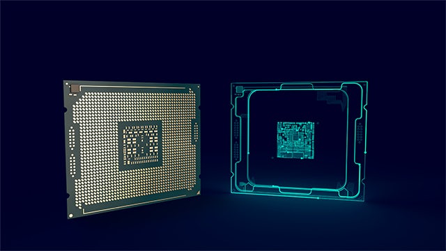 Close-up of a computer chip on a circuit board with digital overlay graphics