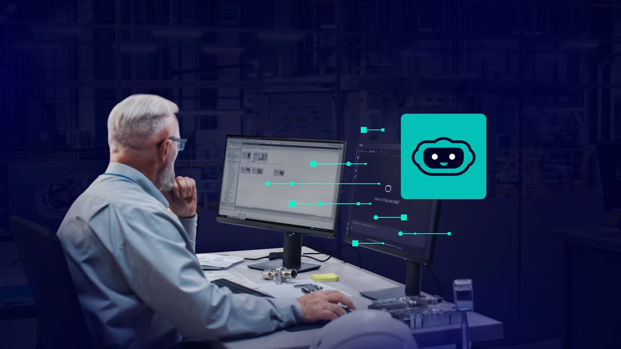 An automation engineer working in a high-tech facility, viewing a digital AI robot assistant overlay on a screen alongside technical code and 3D CAD models.