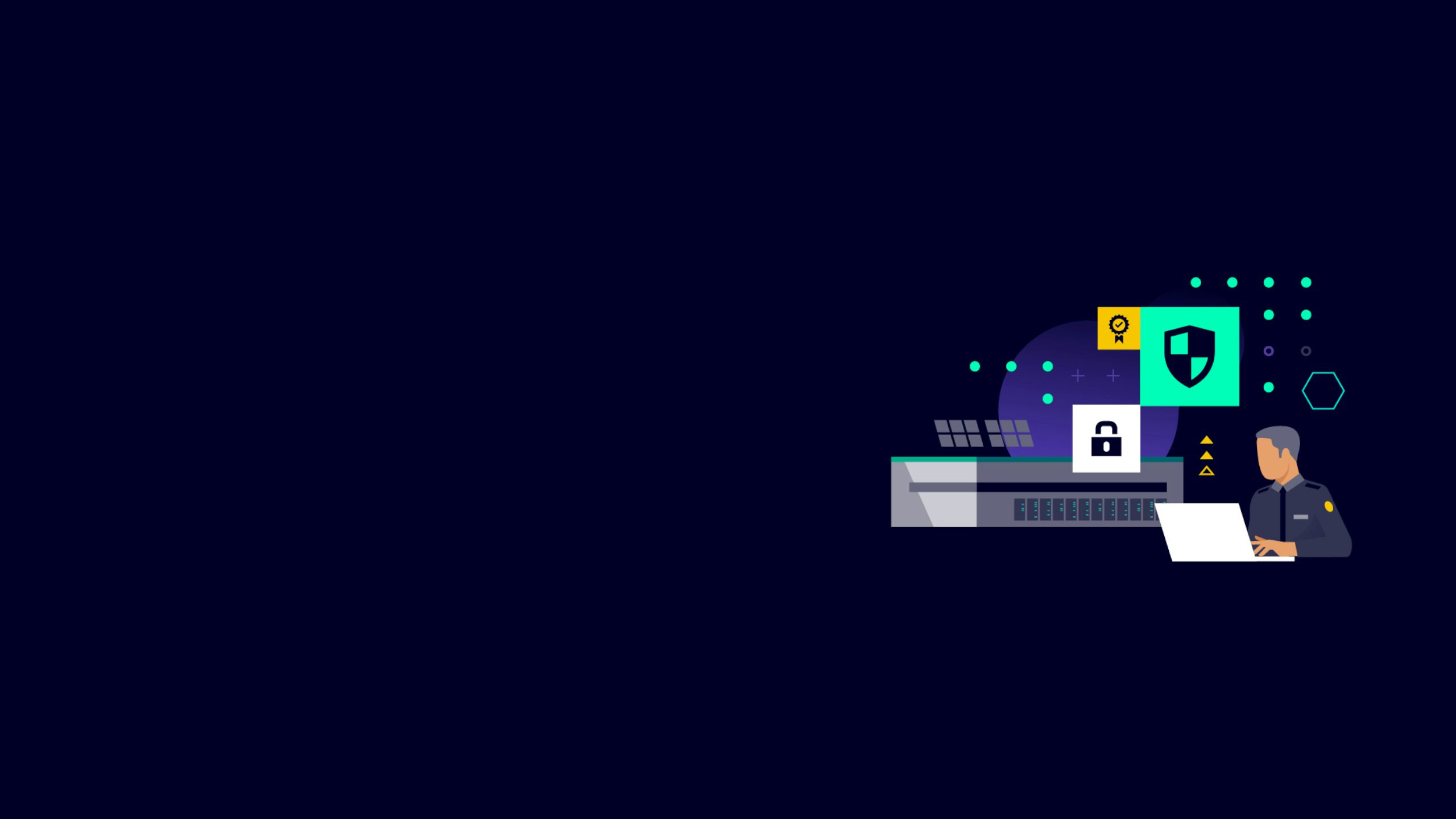Illustration of a person using a laptop with security and lock icons on a dark background.