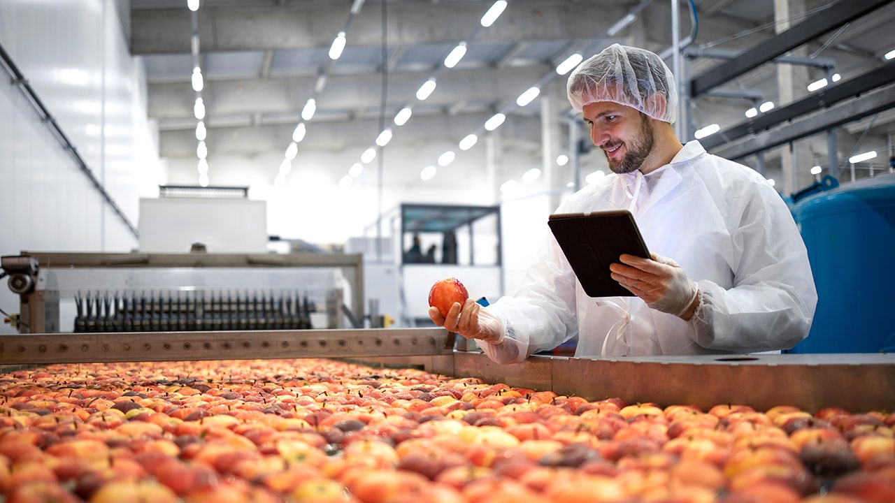 A person is standing in front of a large screen displaying a graph about sustainable food supply.