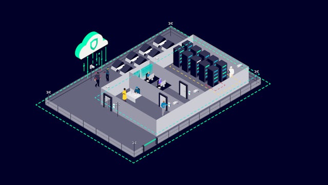 Data Center specific icon for secure, cloud-based data center operations webinar which shows a data center with technical inventory and a cloud with data transfer lines.