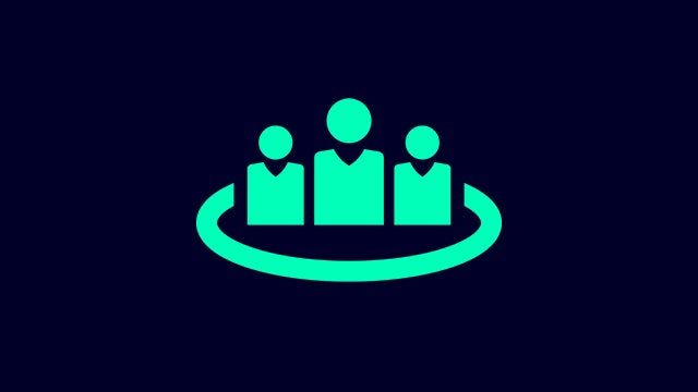 Green icon of 3 people on blue background