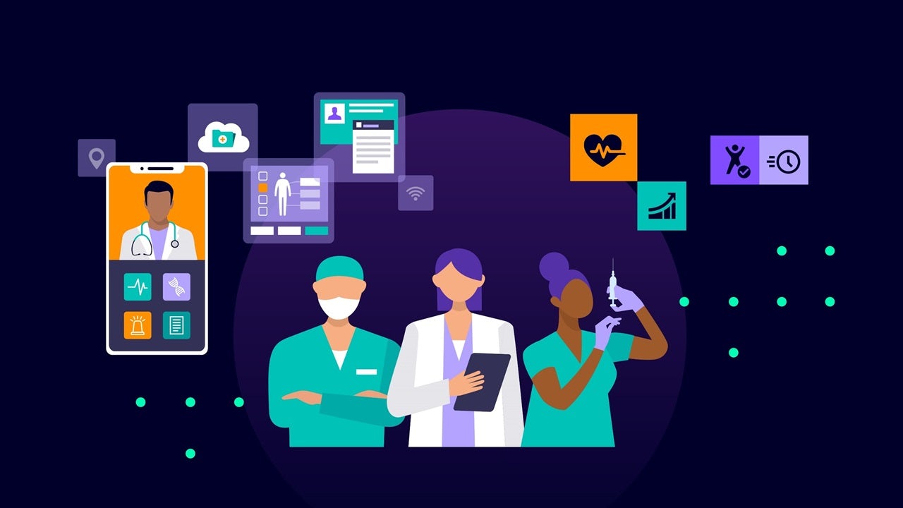 The Healthcare Leaders’ Briefing Series with 3 medical professionals standing side-by-side with icons and visuals of medical and healthcare features.