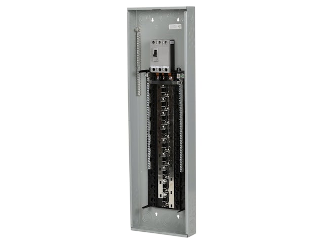 A Siemens electrical panel with a three-phase load center and a representative image of the panel. 