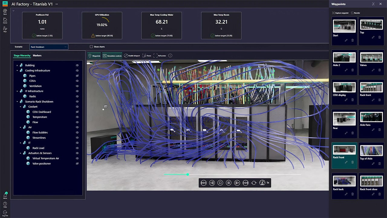 The image shows a digital twin composer interface with various tools and options displayed on a computer screen.