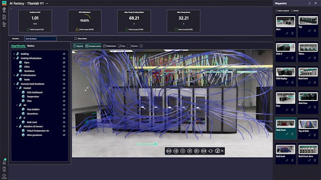 The image shows a digital twin composer interface with various tools and options displayed on a computer screen.