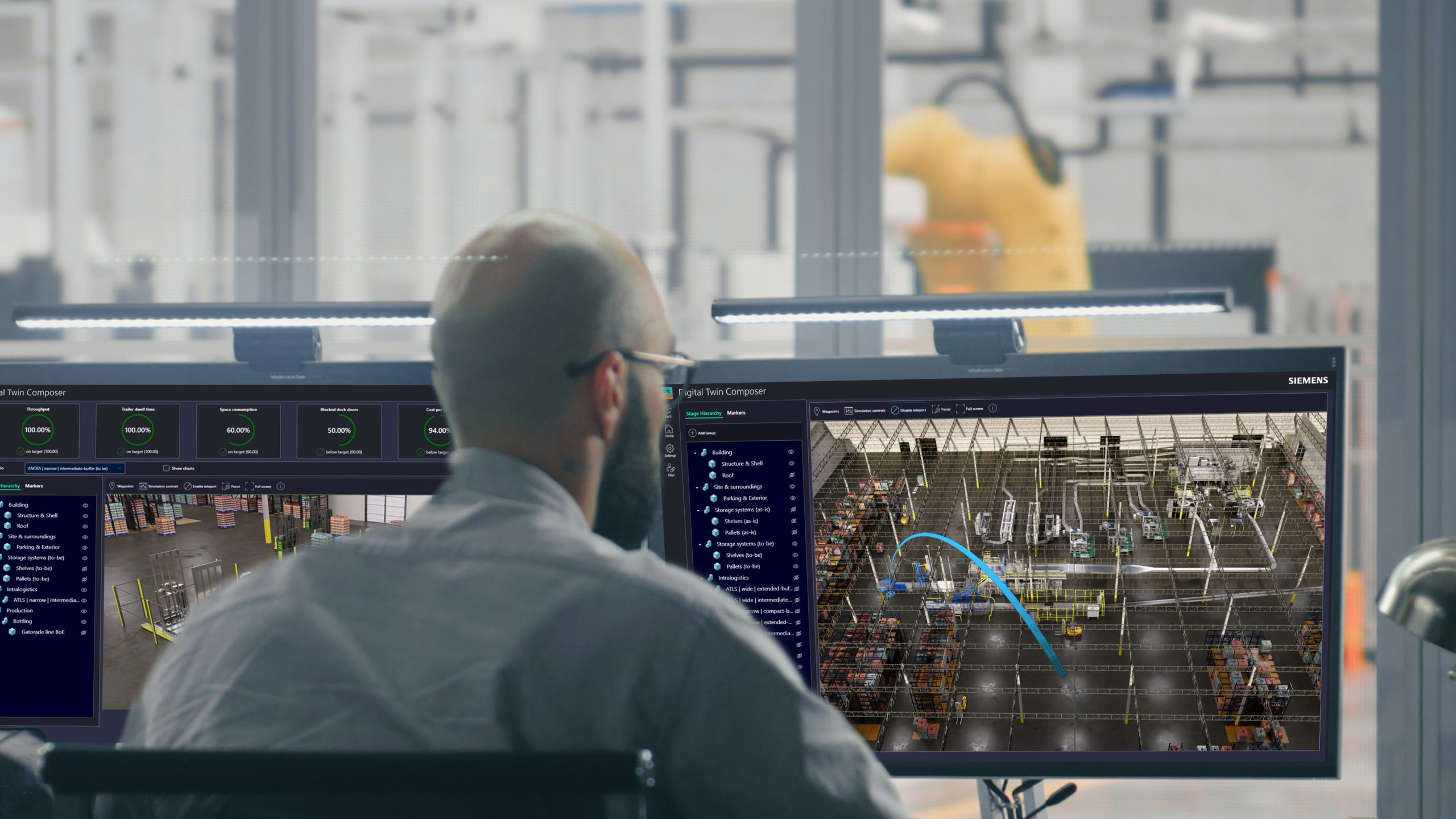 A user sitting at desktop with Siemens Digital Twin Composer opened