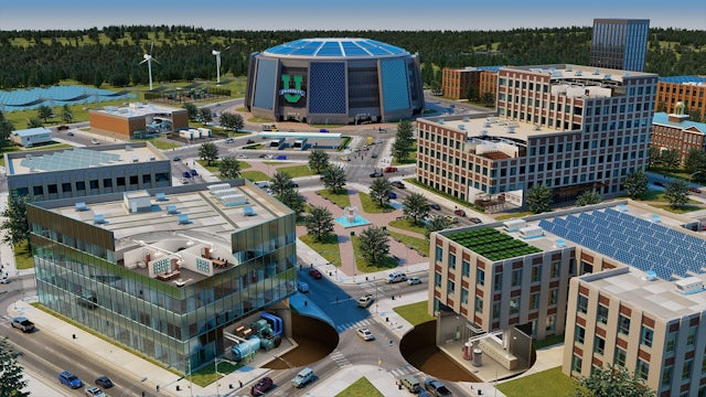 Futuristic classroom with students using digital devices, showcasing Siemens' vision of modern technology-enhanced learning.