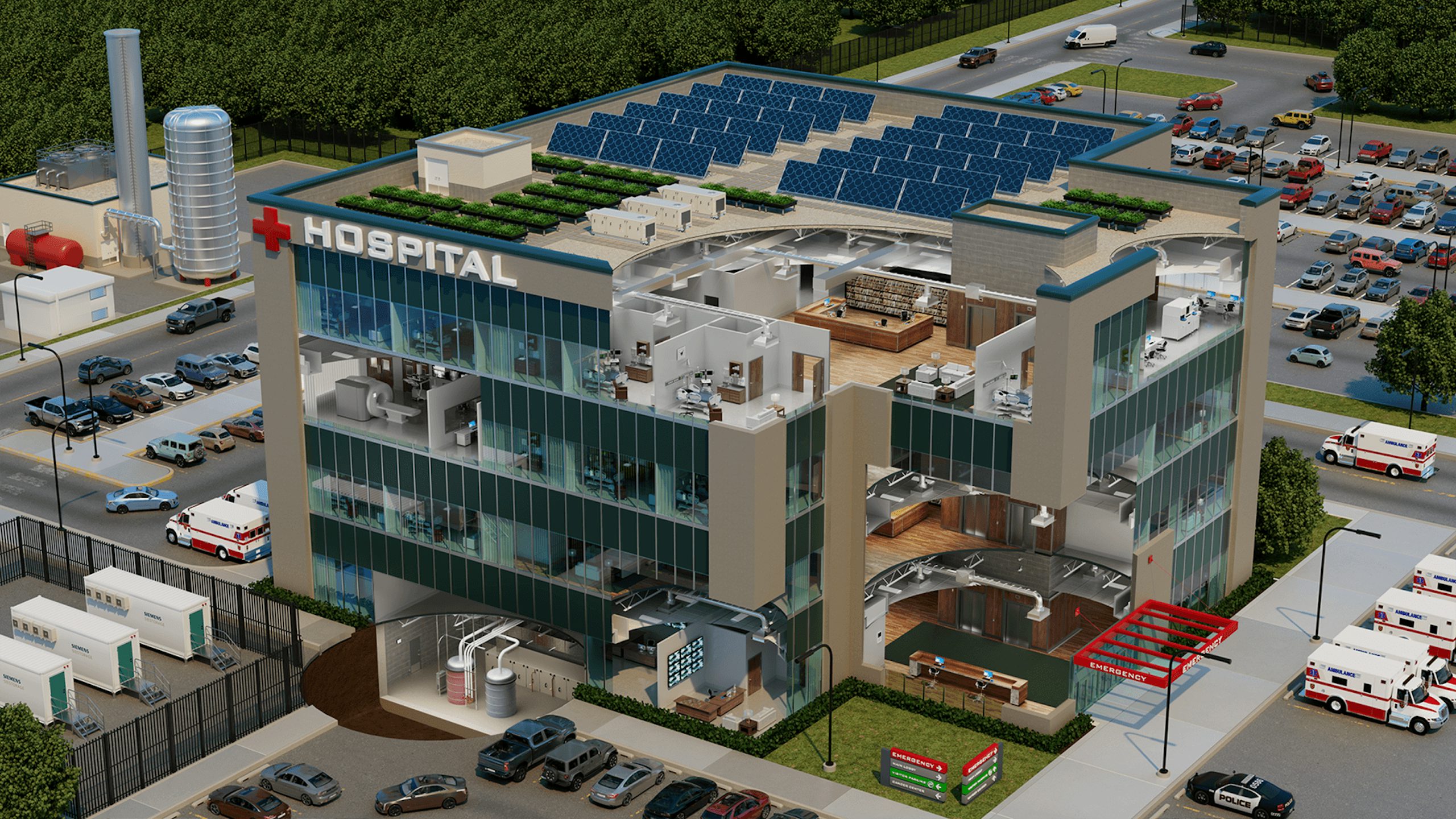A bird's eye view of a hospital with a focus on sustainability and green initiatives.