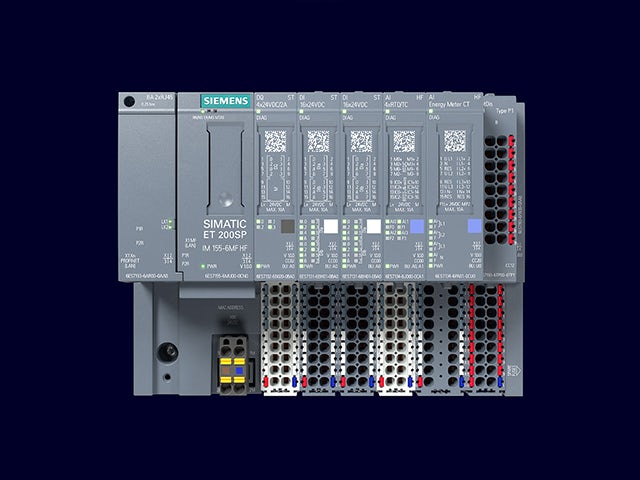 A promotional image of a Siemens SIMATIC ET 200SP industrial automation controller.