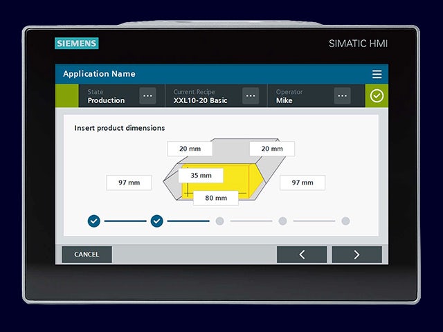 A promotional image for the Simatic HMI Template Suite, featuring a modern interface design with various icons and buttons.