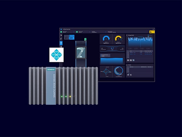 Industrial digital interface with factory icons showing advanced manufacturing technology and connectivity.