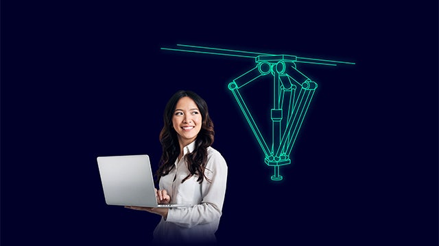 A smiling woman holds a laptop next to a green wireframe diagram of a robotic arm, symbolizing technology and engineering.