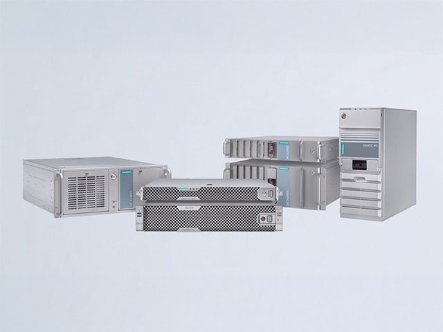 A Simatic rack PC is displayed on a white background with a blue border.
